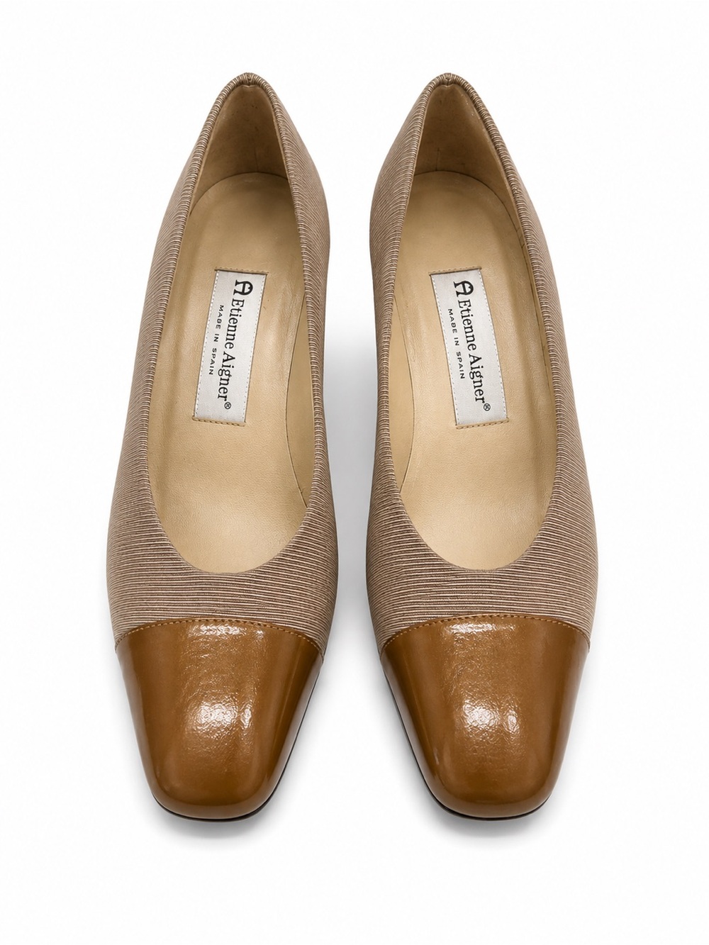 Etienne Aigner Two-Tone Brown and Beige Cap-Toe Flats
